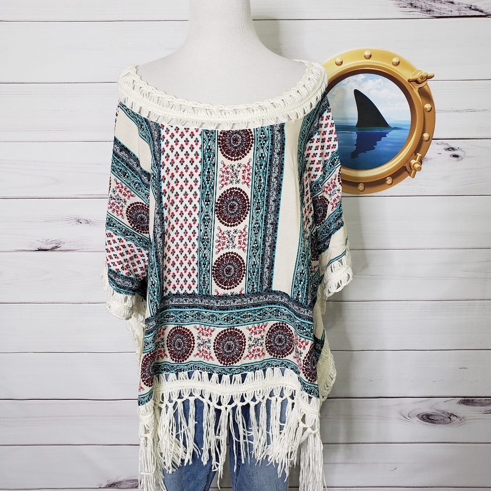 Fringed Boho Tunic Top in Cream and Teal